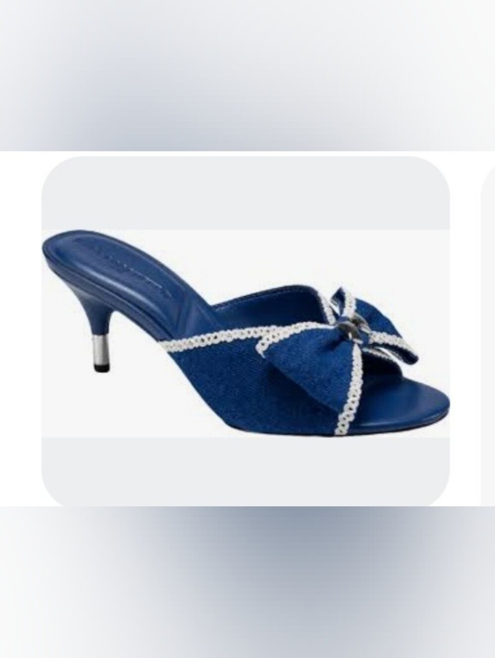 Karl Lagerfeld Paris Damina crystal Karl brooch blue denim kitten mules size 10